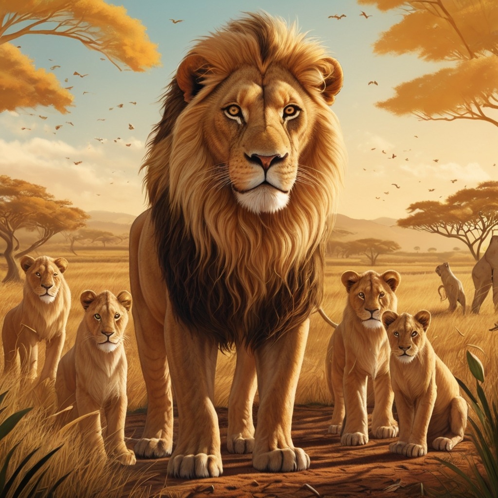 The Lion Who Learned to Listen | Moral Stories 1 A proud young lion with a golden mane standing tall in the savanna while smaller animals look up at him curiously.
