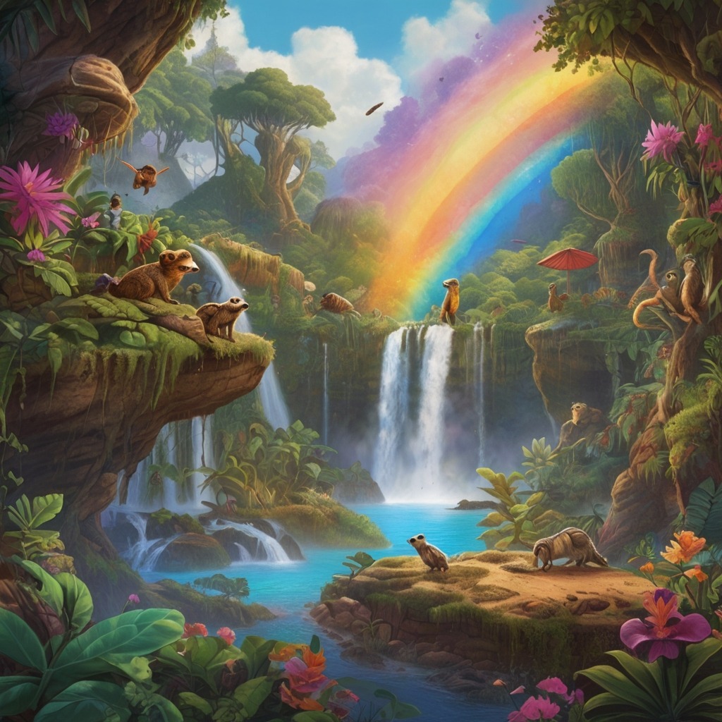 Zara and the Library of Impossible Things | Imagination Stories 3 A rainbow-colored jungle with flying turtles, talking raccoons, and a disappearing waterfall in the background.