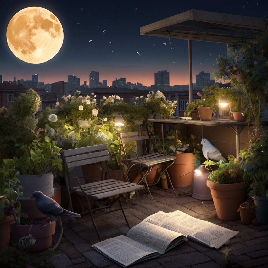 Max and the Midnight Bus Ride | city stories 3 A secret rooftop garden lit by moonlight, where pigeons in glasses read tiny newspapers under glowing flowers.