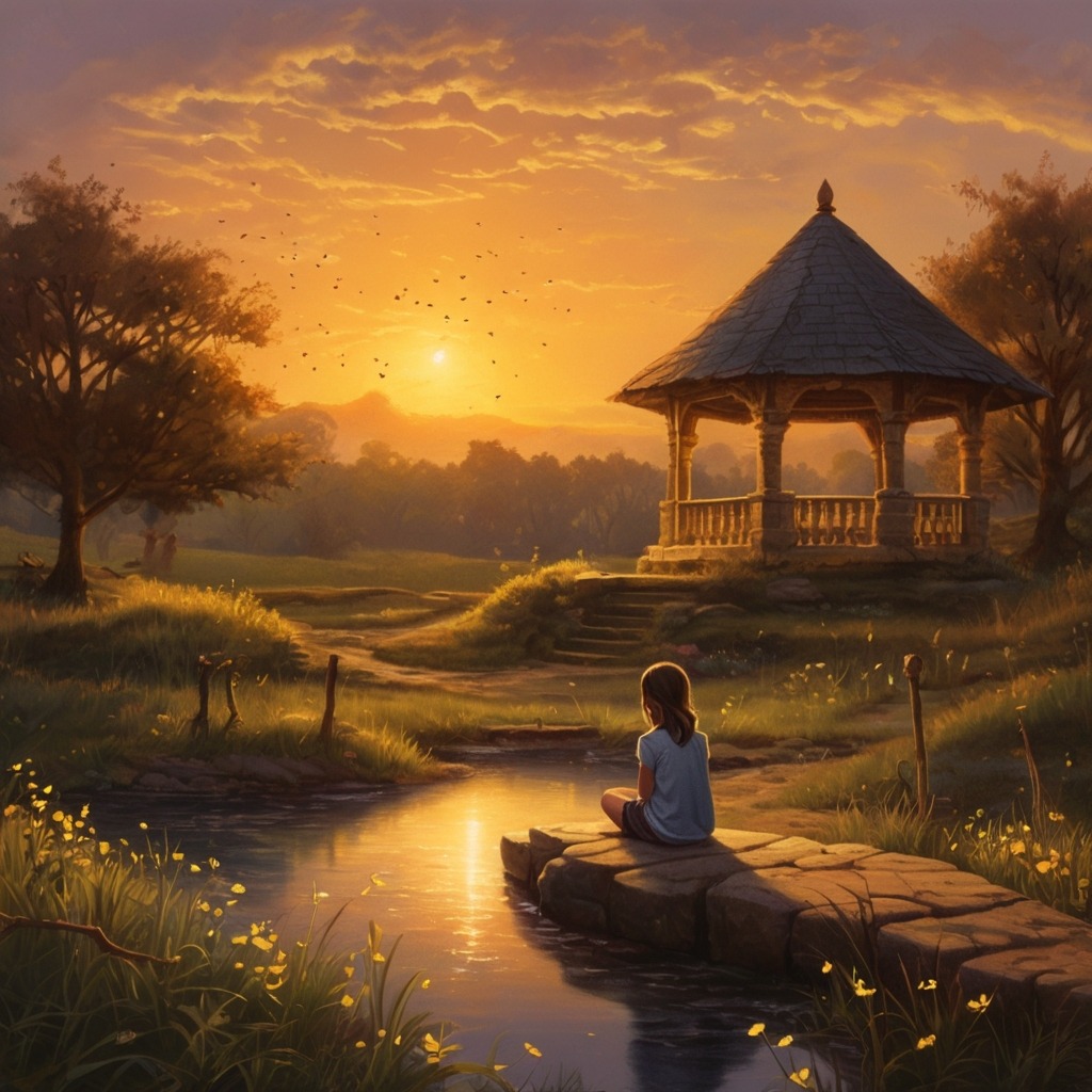 The Secret of the Singing Well | Village Stories 4 A sunset scene with the girl sitting by the well, surrounded by fireflies and listening to the well’s song under a golden sky.