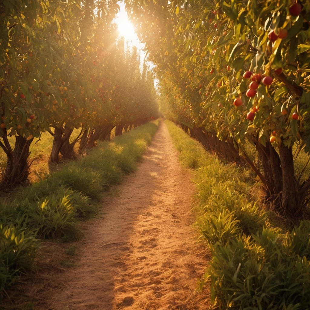 Nina and the Missing Rooster of Sunflower Village | Village Stories 2 A trail of rooster feathers and corn crumbs leading into an apple orchard with trees and soft golden light.