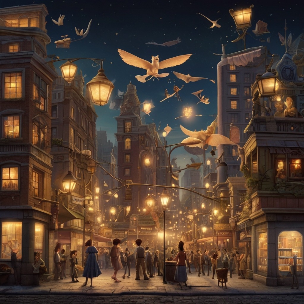 Max and the Midnight Bus | City Stories 3 A whimsical city scene at night—dancing streetlights, flying books, talking billboards, and statues stretching.