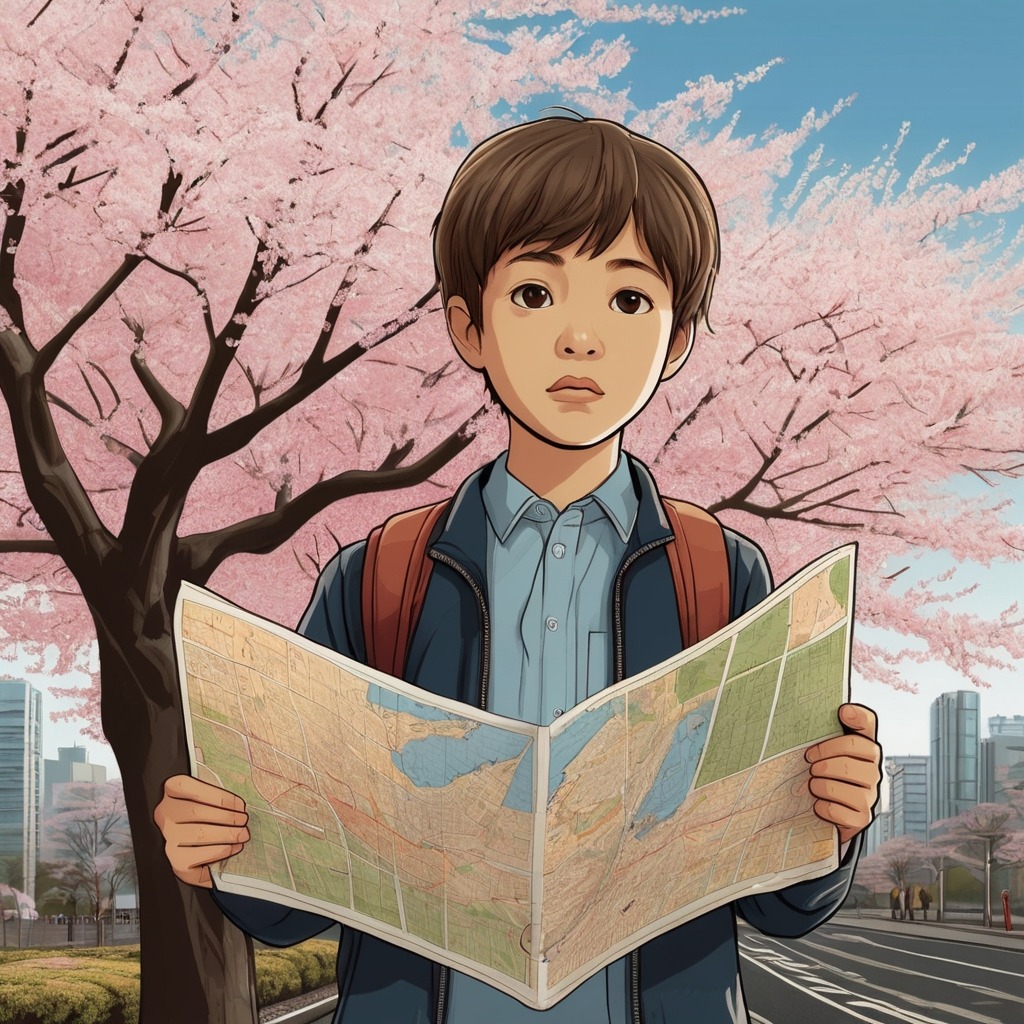 Leo’s Lost Luggage: An Airport Adventure | Travel Stories 2 A young boy in Tokyo under cherry blossoms, holding a map with a surprised look.
