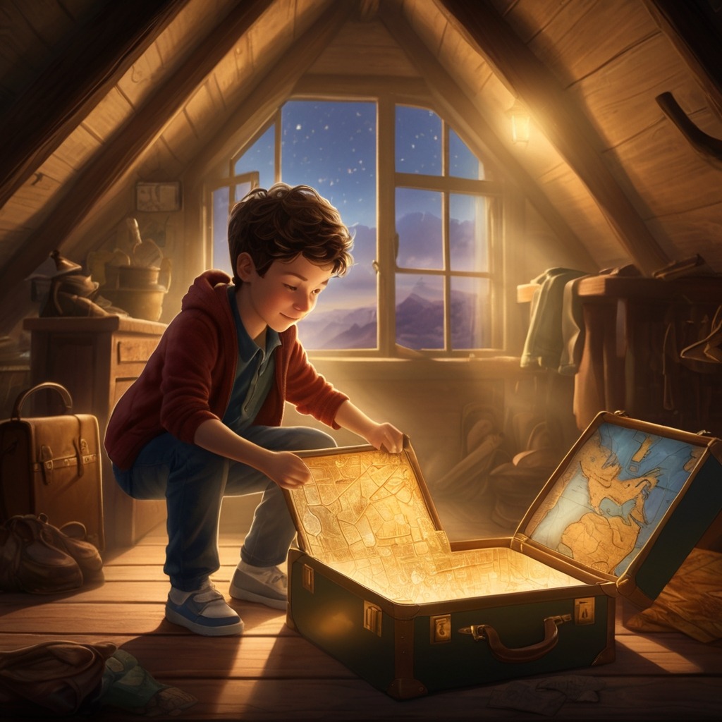 Leo’s Suitcase and the Map That Drew Itself | Travel Stories 1 A young boy in an attic opening a glowing suitcase, with a magical map unfolding in golden light.