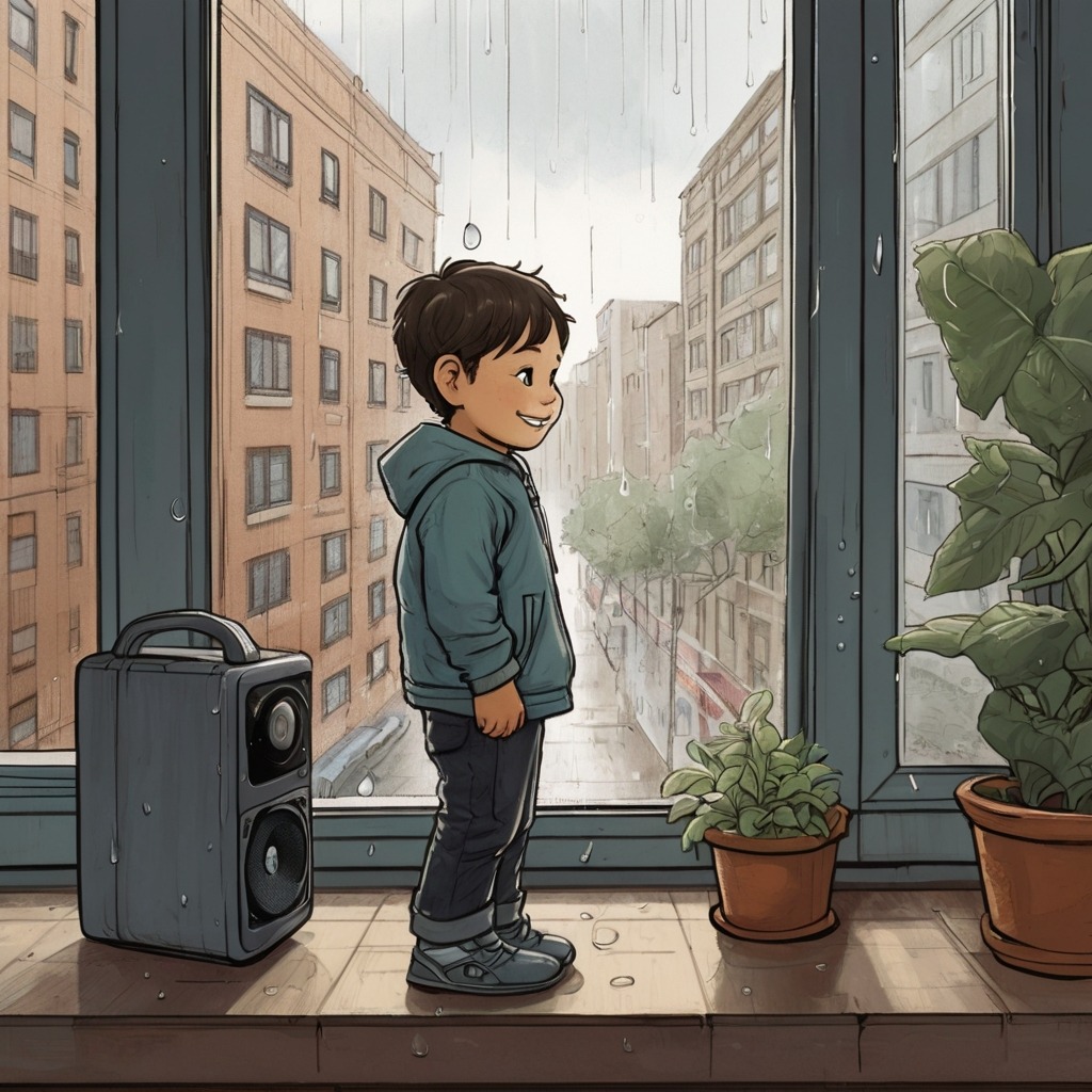Sammy and the City That Never Stopped Dancing | City Stories 1 A young boy looking out of a tall apartment window at a rainy city street, holding a small speaker and smiling.