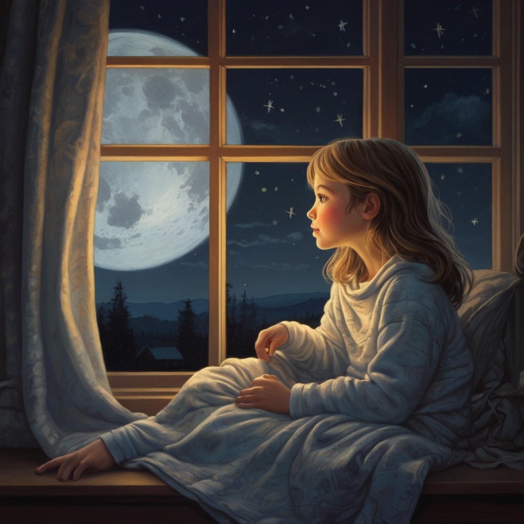 Luna and the Moonlight Whales | Bedtime Stories 1 A young girl in pajamas sitting at her bedroom window under moonlight, wrapped in a starry blanket, whispering to the moon.