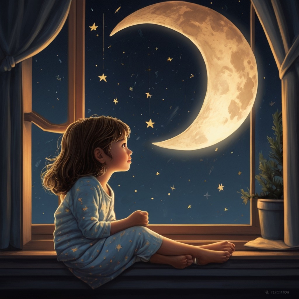 The Moon Who Wanted to Dream | Bedtime Stories 1 A young girl in pajamas sitting at her window, looking up at a tired, dimly glowing moon in a starry sky.