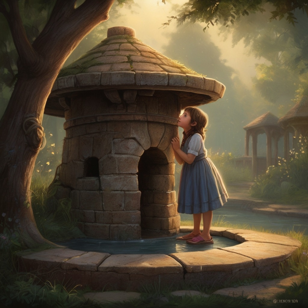 The Secret of the Singing Well | Village Stories 2 A young girl leaning over the old well, whispering a secret as the well glows and hums with magical music.