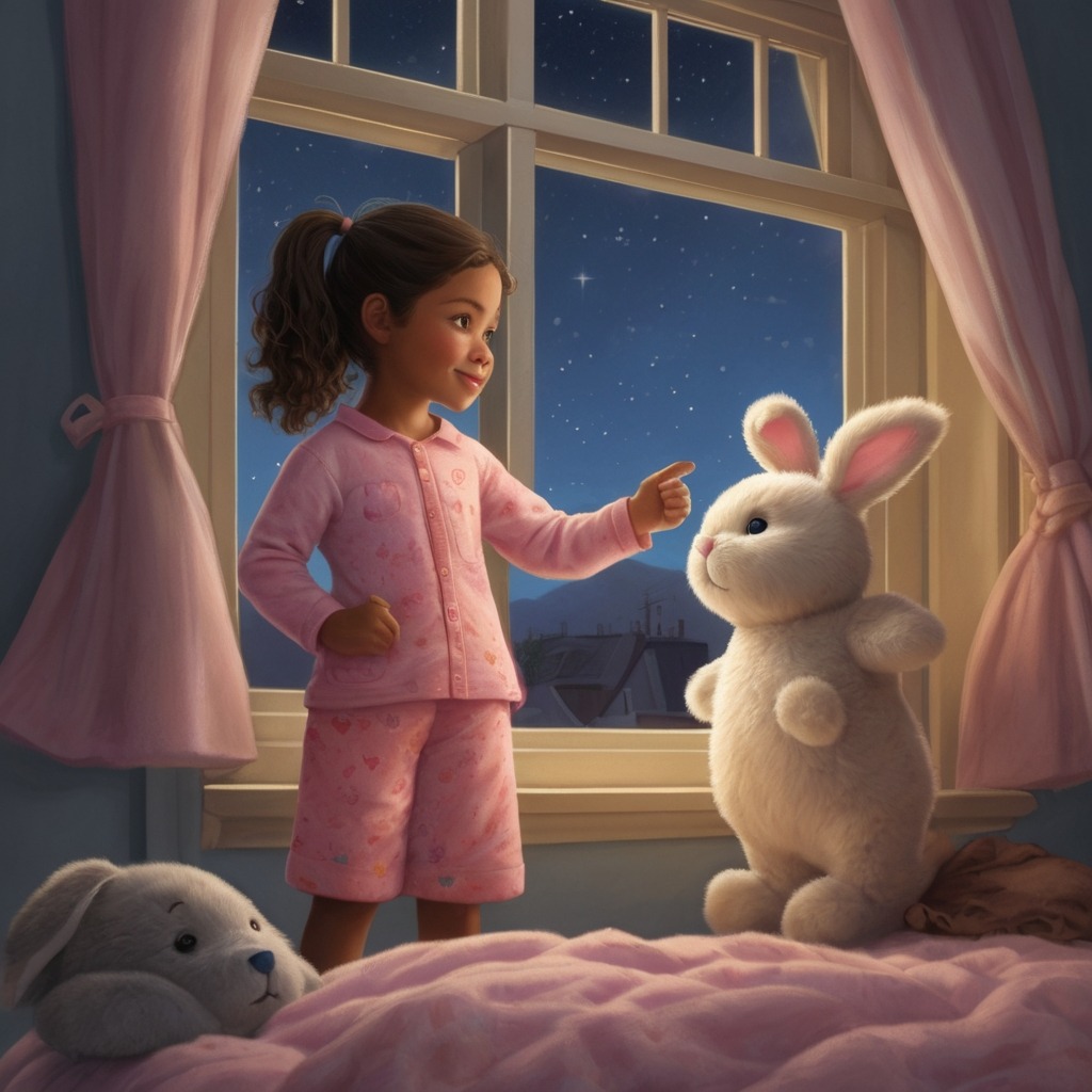 Stella and the Star That Couldn’t Sleep | Bedtime Stories 2 A young girl named Luna in pink pajamas pointing at the sky from her bedroom window with a stuffed bunny by her side.