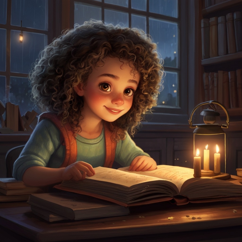 The Library That Flew at Midnight | Imagination Stories 1 A young girl with curly hair sitting inside a cozy, candle-lit village library as rain falls outside.