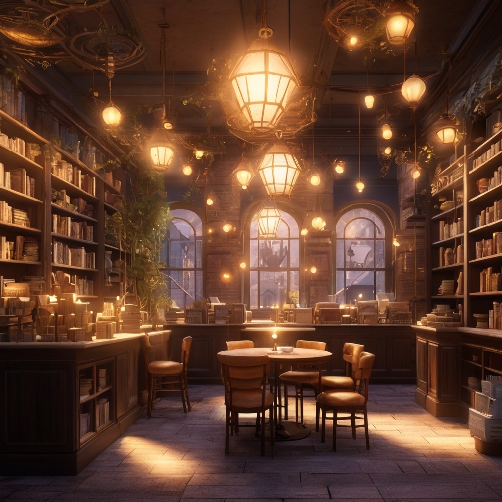 Max and the Midnight Bus Ride | city stories 2 An enchanted city café with flying books and glowing cocoa mugs, surrounded by shelves of talking books.
