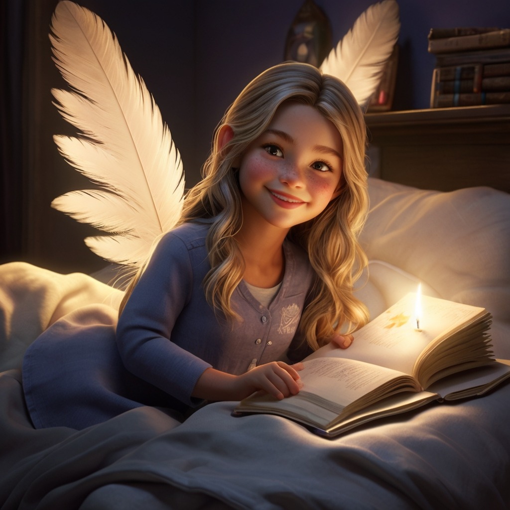 Luna and the Library of Dreams | Imagination Stories 4 Back in her bedroom, Luna smiling in bed with her book, while a glowing feather lies on the pillow beside her.