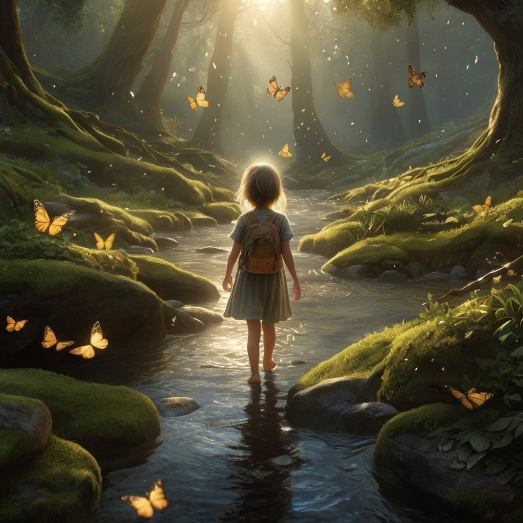 Ellie the Bunny and the Great Easter Garden Hunt | Easter Stories 3 Butterflies leading Ellie toward a glowing stream with sparkling water and mossy stones.