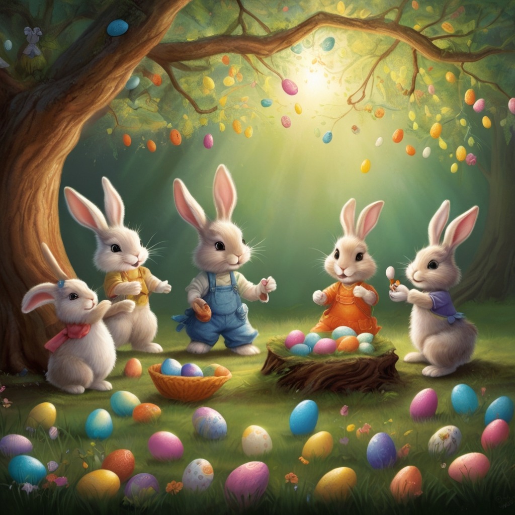 Ellie and the Magical Egg of Easter Hollow | Easter Stories 3 Children bunnies dancing and painting eggs under a large magical tree that begins to glow with spring colors.