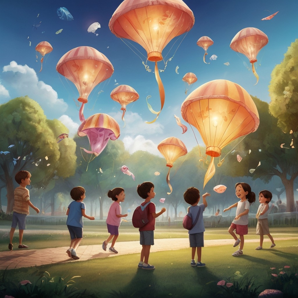 Zara and the Flying Pencil | Imagination Stories 4 Children playing in a magical park with imagination-based creations like flying kites made of clouds and jellyfish lamps.
