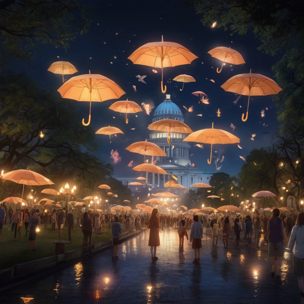 Milo and the Midnight City Parade | City Stories 4 City park at night with glowing umbrellas floating above, as magical creatures and objects celebrate the end of the midnight parade.