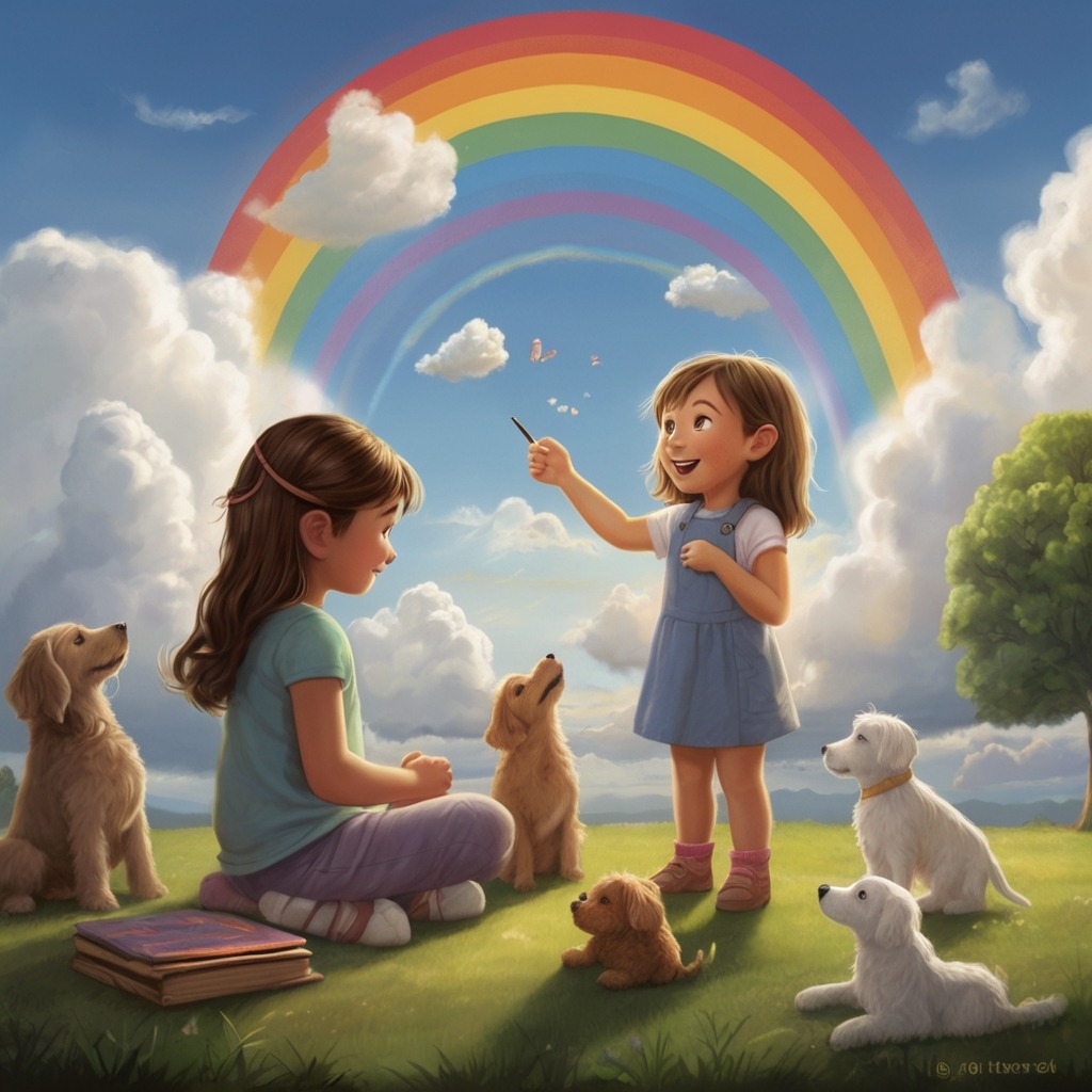 Ellie and the Elevator to the Clouds | Imagination Stories 4 Ellie designing rainbows in the sky with her finger, while cloud people cheer and the cloud dog watches playfully.