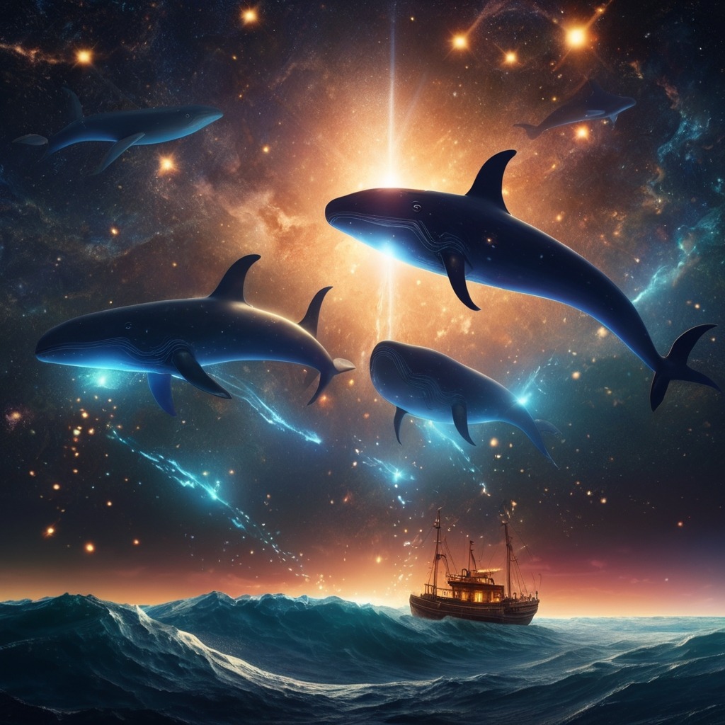 Luna and the Star Whales | Bedtime Stories 4 Gigantic glowing Star Whales swimming through a galaxy sky, lighting up stars behind them.