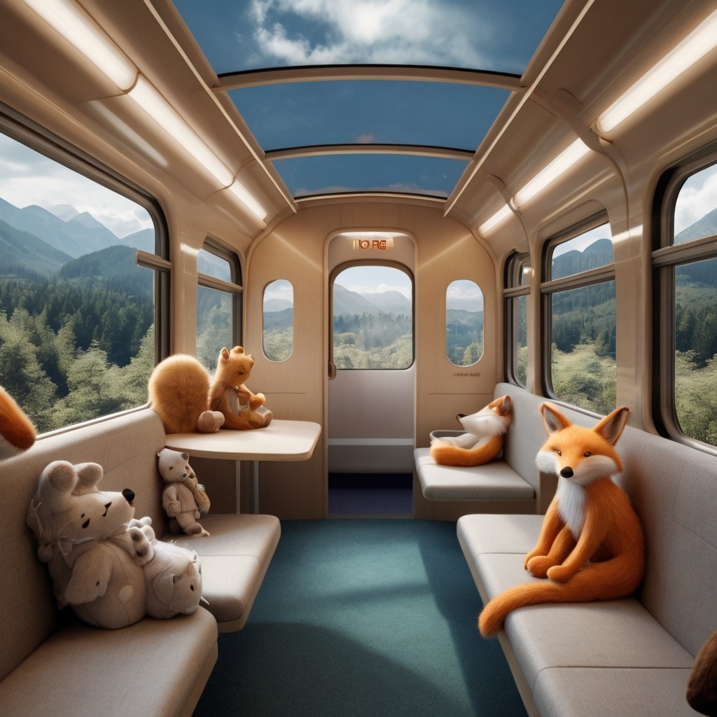 Tara’s Train Ride to the Top of the World | Travel Stories 2 Inside the train—cloud-shaped seats, animal passengers like a poet mouse and a fox with a backpack, and magical windows showing forests and rivers.