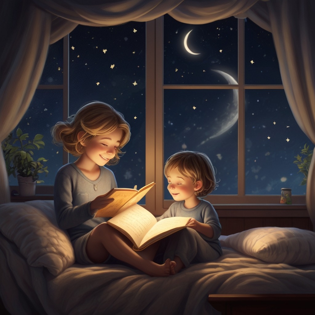 Stella and the Star That Couldn’t Sleep | Bedtime Stories 4 Luna reading a bedtime story with a sleepy smile, while outside the window, Stella dims gently as the night sky glows softly.