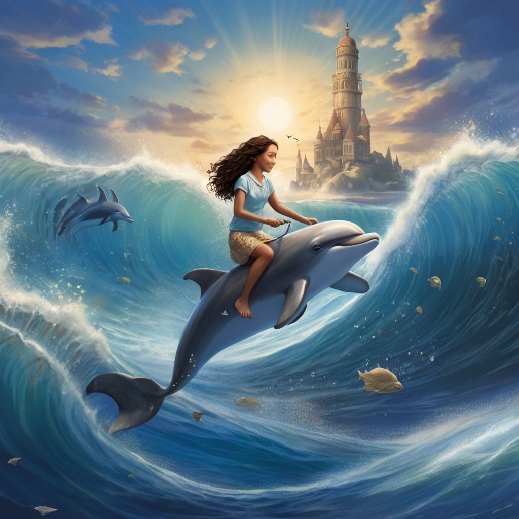 Luna and the Library of Dreams | Imagination Stories 3 Luna riding a dolphin through sparkling blue ocean waves, book in hand, as sea creatures wave hello.