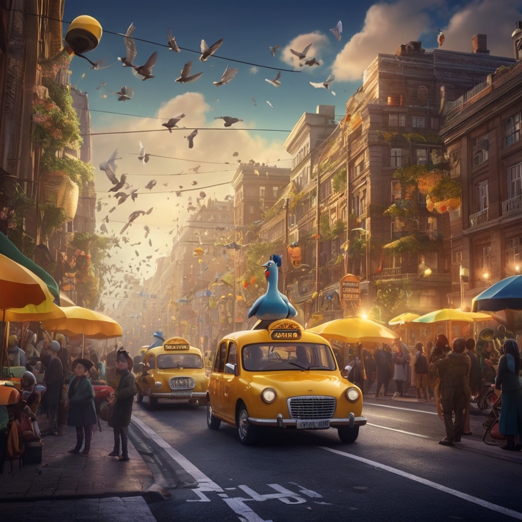 Milo and the Midnight City Parade | City Stories 2 Magical city street with talking taxis, glowing traffic lights dancing, pigeons in parade hats, and buildings bending to wave.