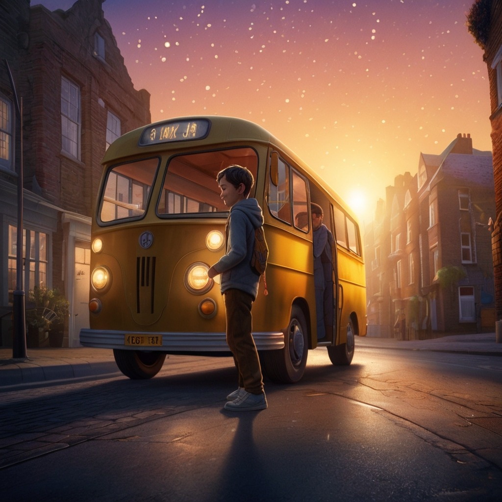 Max and the Midnight Bus | City Stories 4 Max stepping off the bus onto his street with early dawn light, while the magical bus disappears into sparkles behind him.