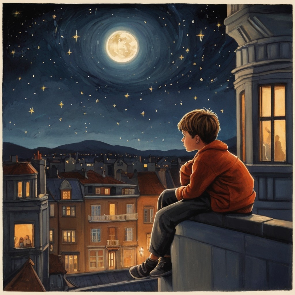 The Boy Who Traded His Words | Moral Stories 4 Night scene with the boy looking at the stars from his balcony, deep in thought about the importance of words.