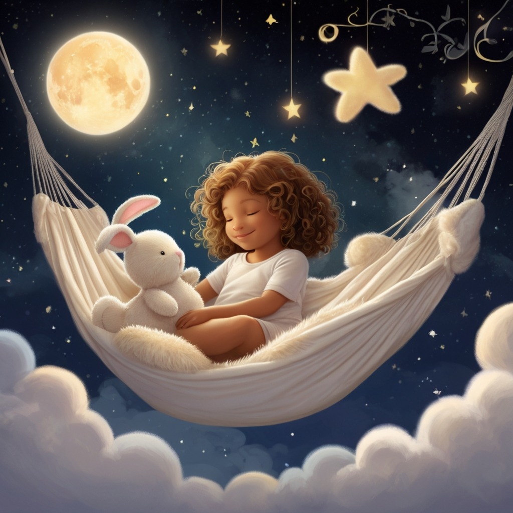 Stella and the Star That Couldn’t Sleep | Bedtime Stories 3 Stella the star curled in a fluffy cloud hammock, hugging a glowing bunny made of starlight, with soft lullaby notes floating around.