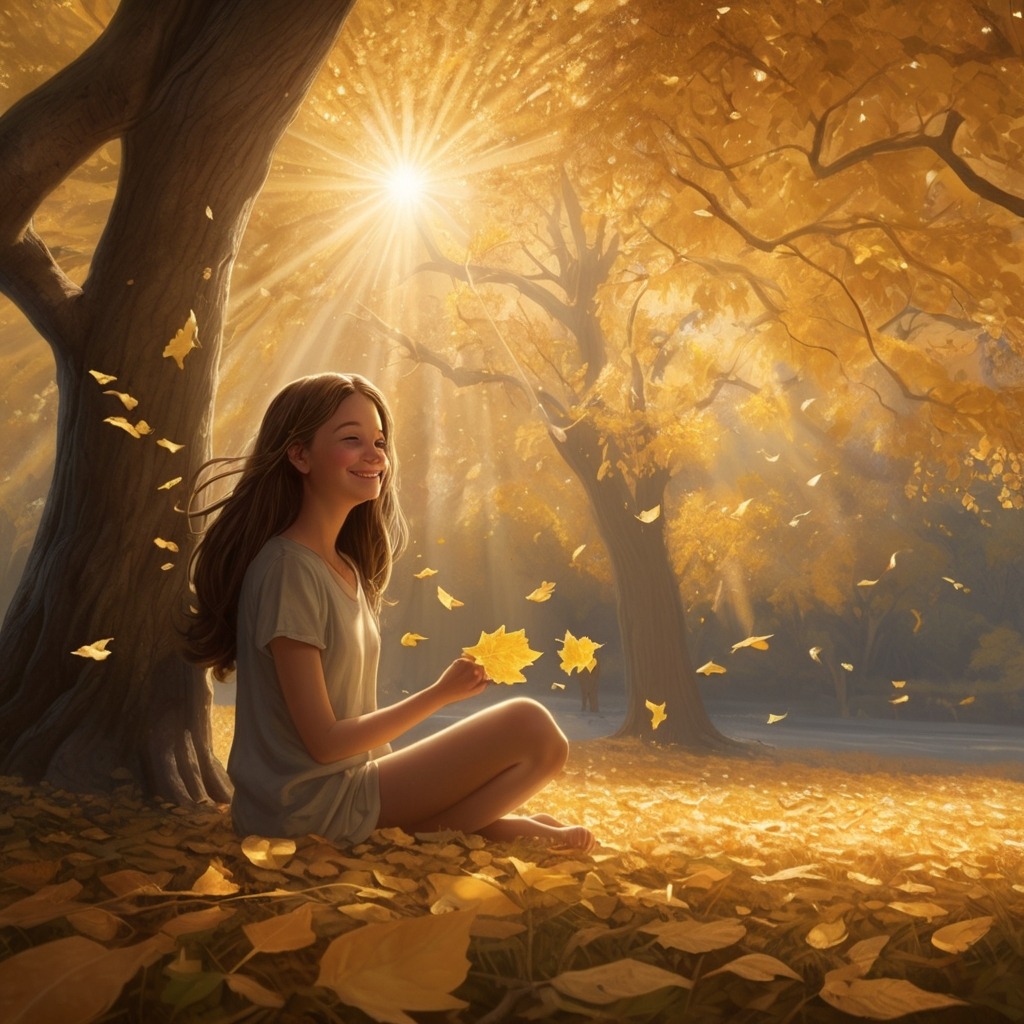 Tara and the Talking Tree of Pipalpur | village stories 4 Tara discovering a shimmering golden leaf under the tree, smiling under the morning sun with birds flying overhead.