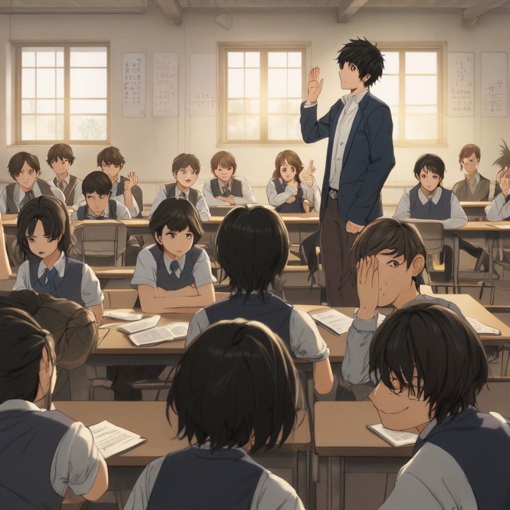 The Boy Who Traded His Words | Moral Stories 3 Taru sitting quietly in a classroom, raising his hand thoughtfully while others look surprised.