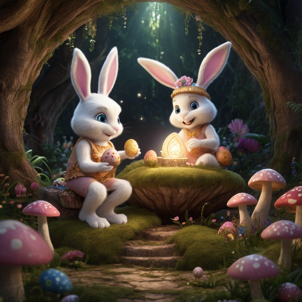 Ellie the Bunny and the Great Easter Garden Hunt | Easter Stories 4 The Easter Bunny sitting on a mushroom throne in a magical hidden garden, handing Ellie a glittery basket and a shiny medal.