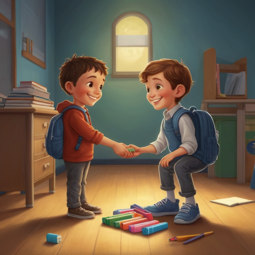 The Talking Shoes and the Path of Honesty | Moral Stories 4 The boy returning an eraser to a friend at school, both smiling, while the shoes glow gently on his feet.