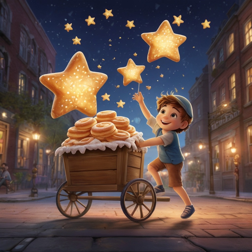 Milo and the Midnight City Parade | City Stories 3 The boy riding on a floating bakery cart tossing sugar stars as smiling street lamps twirl in the background.