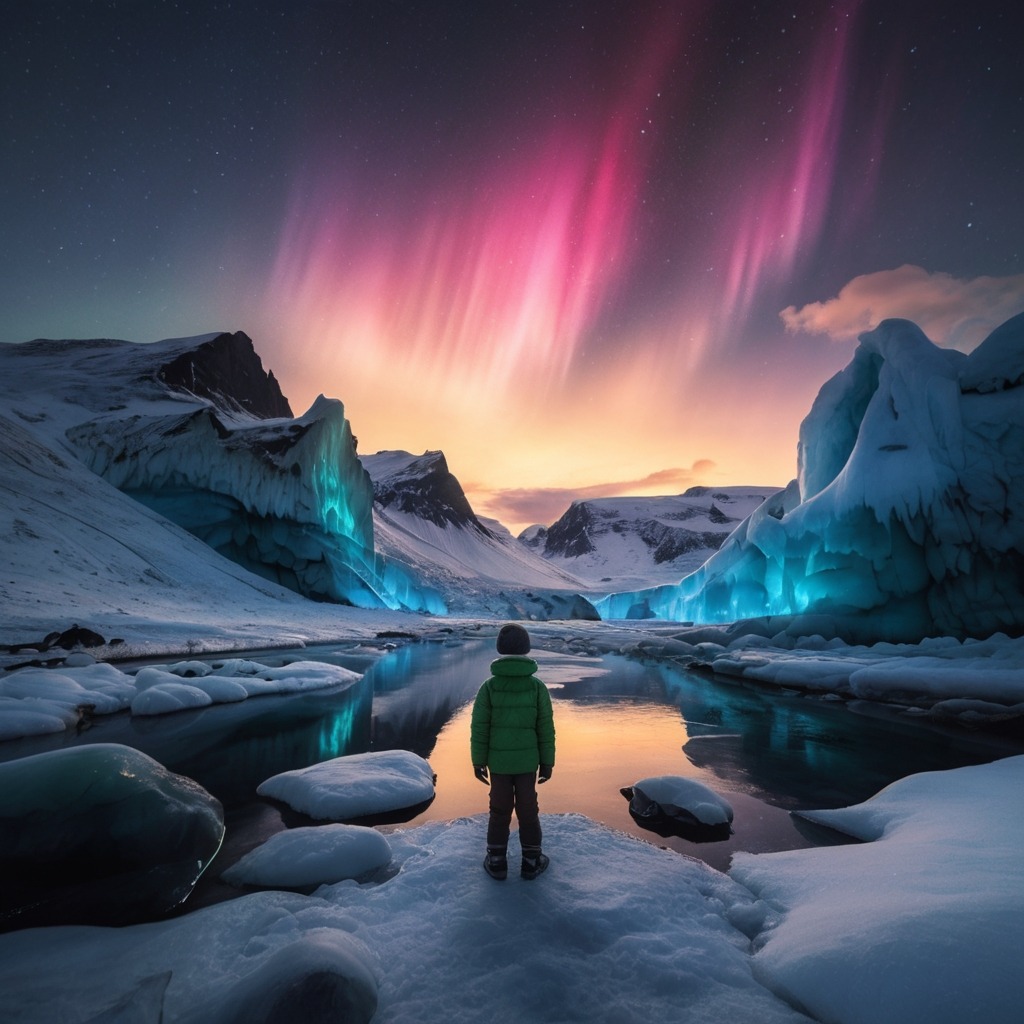 Leo’s Suitcase and the Map That Drew Itself | Travel Stories 2 The boy standing beneath the Northern Lights in Iceland, surrounded by snowy mountains and a glowing ice cave.