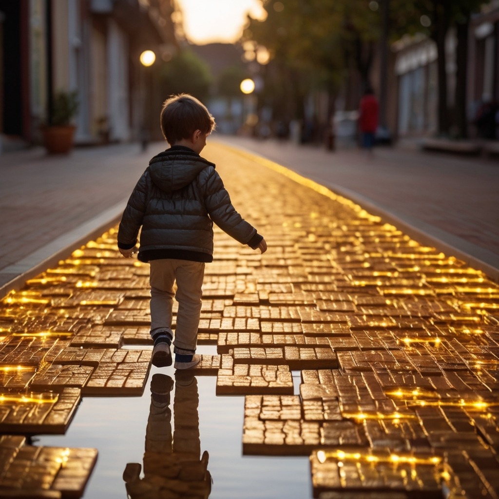 The Talking Shoes and the Path of Honesty | Moral Stories 2 The boy walking on a golden floating path made of bricks, with the shoes glowing on his feet.