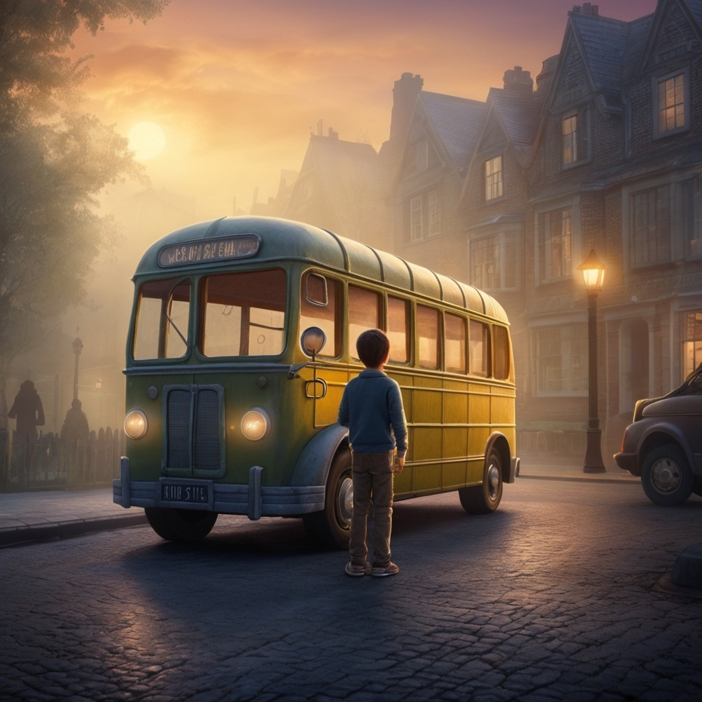 Max and the Midnight Bus Ride | city stories 4 The boy waving goodbye to the magical bus on a quiet city street at dawn, just as the bus vanishes into mist.