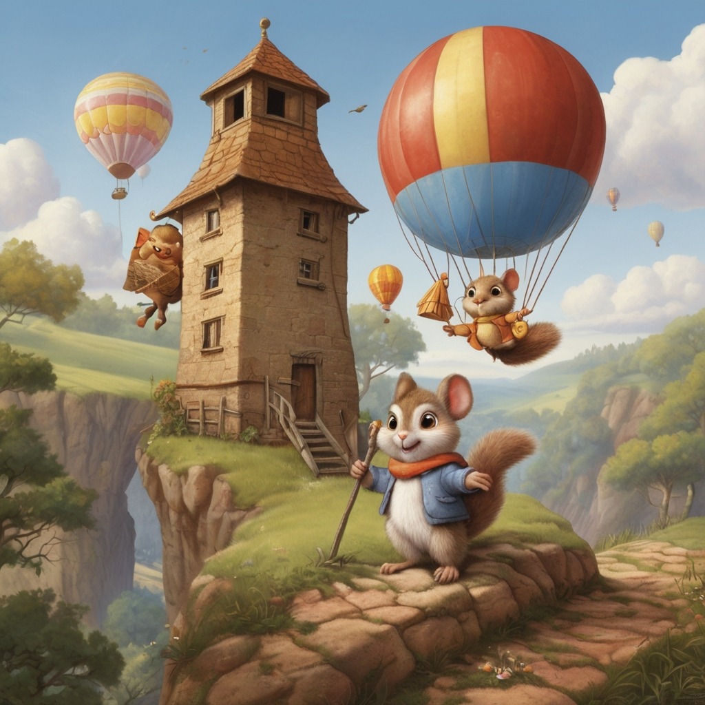 Benny the Bunny and the Great Easter Balloon Chase | Easter Stories 3 The bunny and animal friends (mouse, owl, squirrel) working together to launch him up from a windmill cliff toward the flying balloon.