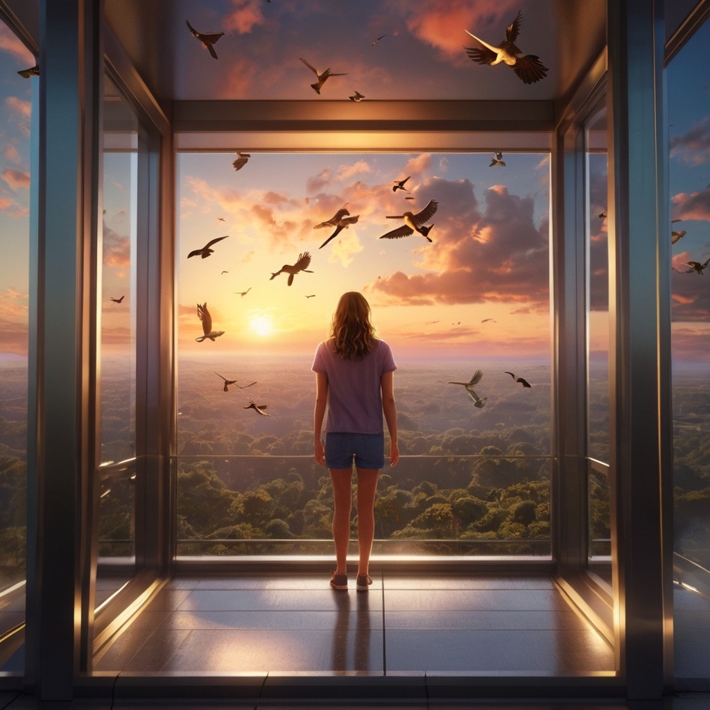 Ellie and the Elevator to the Clouds | Imagination Stories 2 The elevator flying through the sky with glass walls, showing Ellie looking out at birds, clouds, and a colorful sunset.