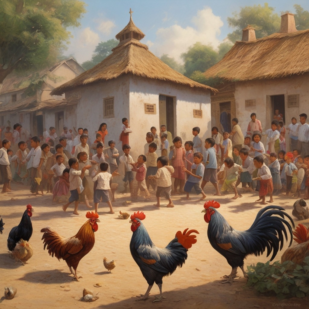 Nina and the Missing Rooster of Sunflower Village | Village Stories 4 The entire village waking up joyfully as the rooster crows in the square, children and animals gathering around.