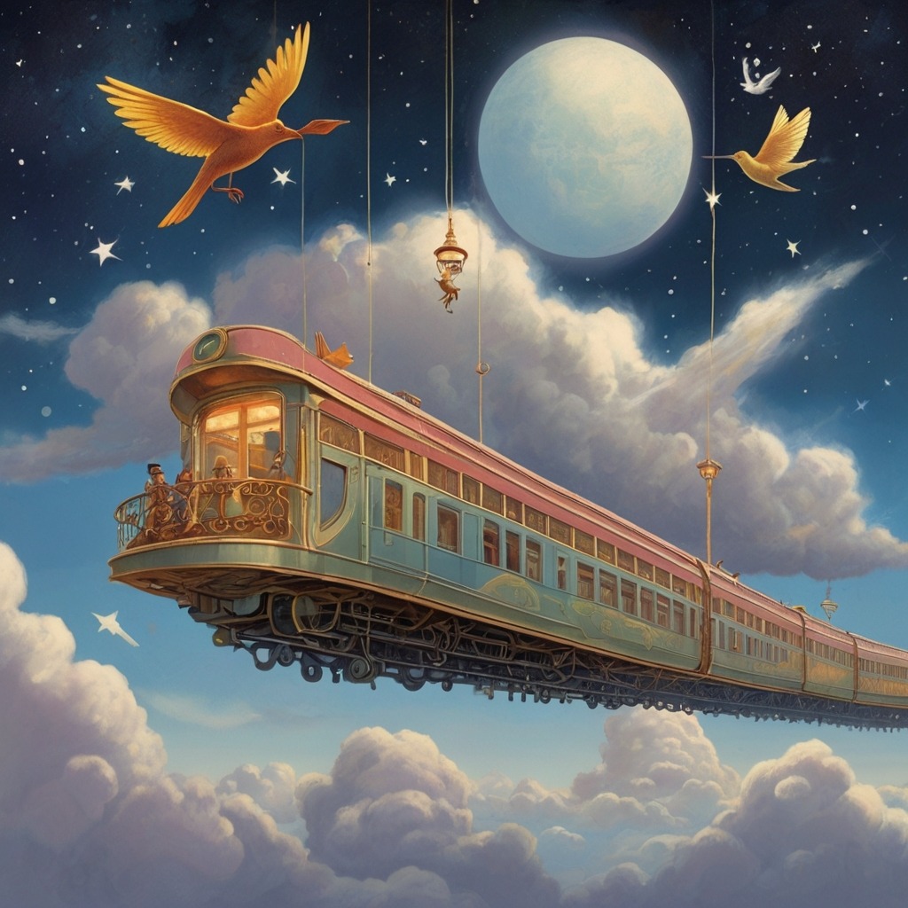 Tara’s Train Ride to the Top of the World | Travel Stories 3 The flying train soaring above the clouds, passing floating bridges, stars, and cloud-dancing birds as Tara looks out in amazement.