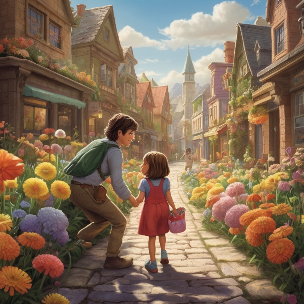 The Easter Egg That Hatched a Surprise | Easter Stories 3 The girl and the creature sneaking through a flower-filled town, helping a small child and picking up candy wrappers.