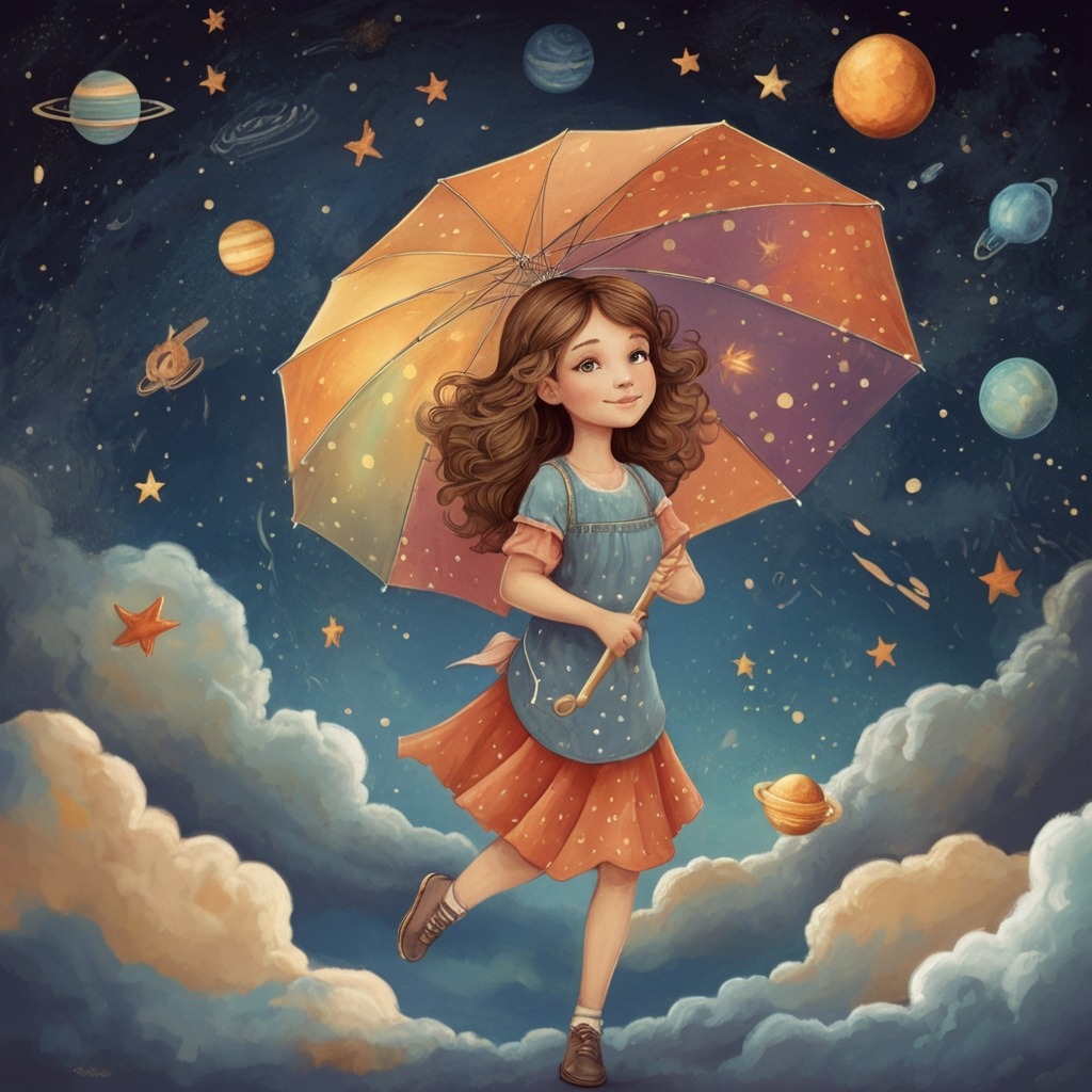 The Umbrella That Could Fly to the Stars | Imagination Stories 2 The girl flying through the clouds and stars while holding the magical umbrella, with planets and comets in the background.