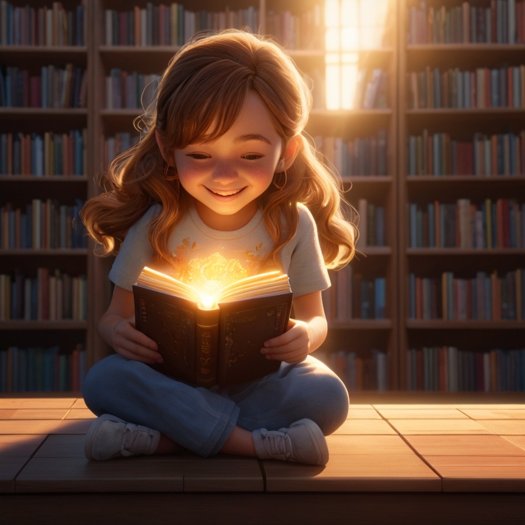 The Library That Flew at Midnight | Imagination Stories 4 The girl hugging a glowing book as the sun rises outside the library, with a knowing smile on her face.