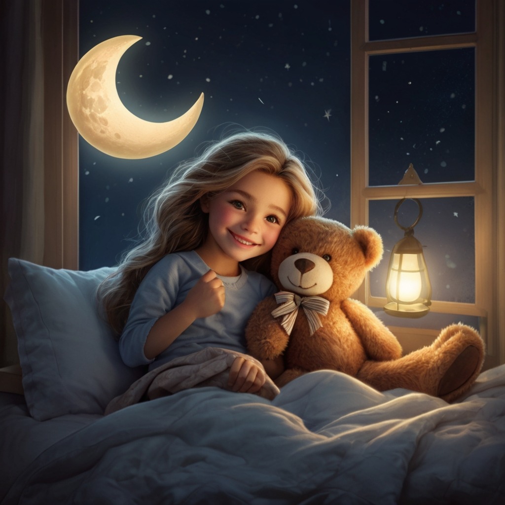 The Moon Who Wanted a Friend | Bedtime Stories 4 The girl in bed, smiling with her teddy bear, while the moon shines brighter than ever outside her window.