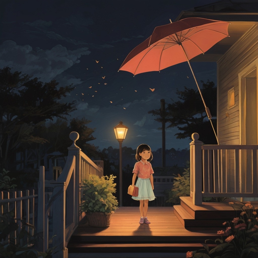 The Umbrella That Could Fly to the Stars | Imagination Stories 4 The girl landing softly on her grandmother’s porch at night, smiling, while the umbrella rests quietly by her side.