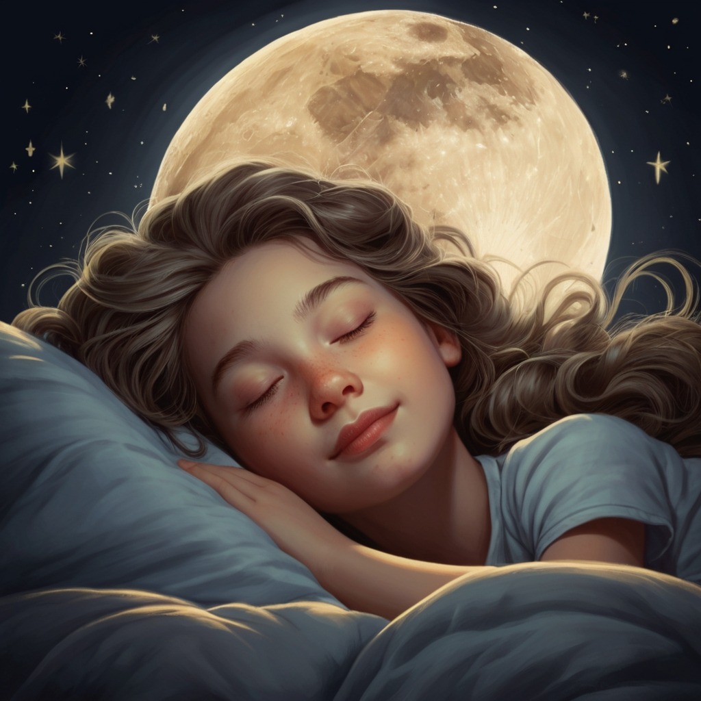 The Moon Who Wanted to Dream | Bedtime Stories 4 The girl peacefully sleeping in bed, moonlight gently shining over her, and the moon smiling with eyes closed above.