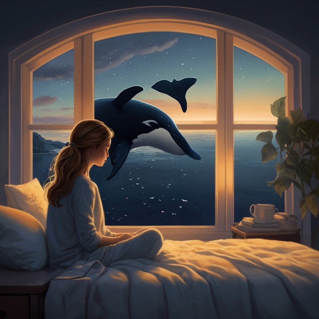 Luna and the Moonlight Whales | Bedtime Stories 4 The girl peacefully sleeping in bed with a soft glow at her window, and a faint silhouette of a whale tail in the sky.