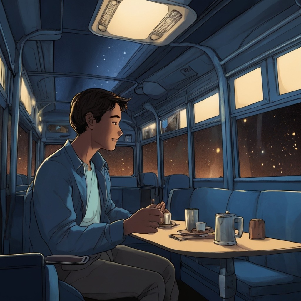 Max and the Midnight Bus | City Stories 2 The interior of the Midnight Bus with silver and blue lights, showing Max peeking out the window as the driver smiles.