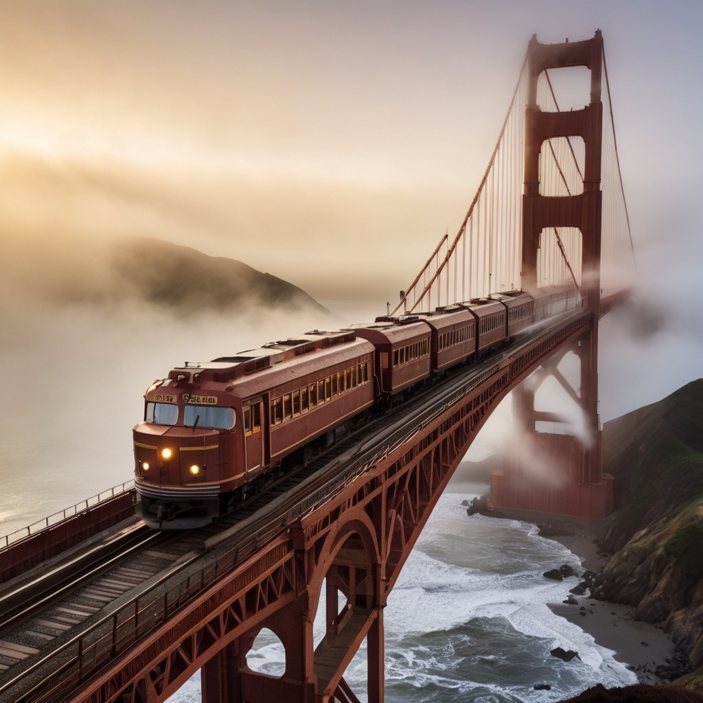 Liam’s Magical Train Ride Across America | Travel stories 4 The magical train crossing the Golden Gate Bridge in the early morning, fog swirling around the tracks.